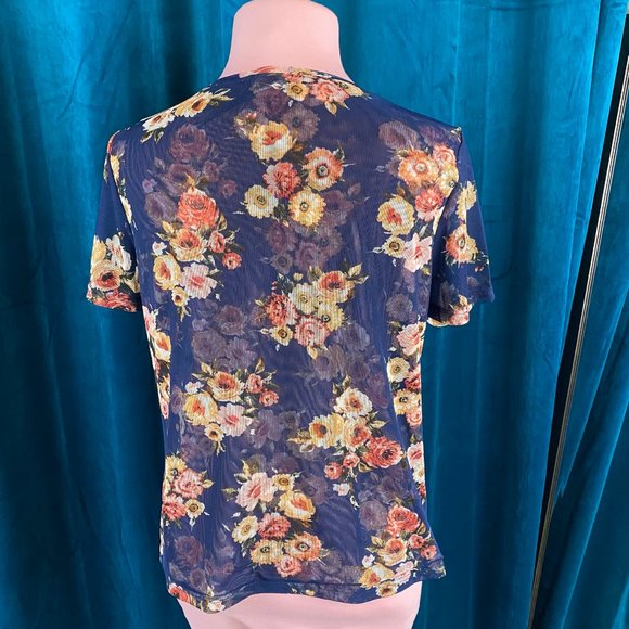 Halogen  Floral Print Short Sleeve Mesh Blouse Tops - Picture 7 of 7